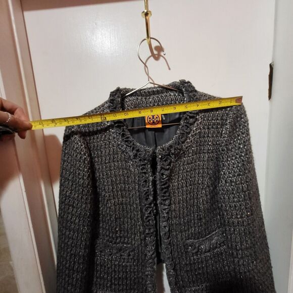 Tory Burch Retail $595 Grey Blue Tweed Pattern Fringe Trim Jacket Size 8 - Picture 4 of 10